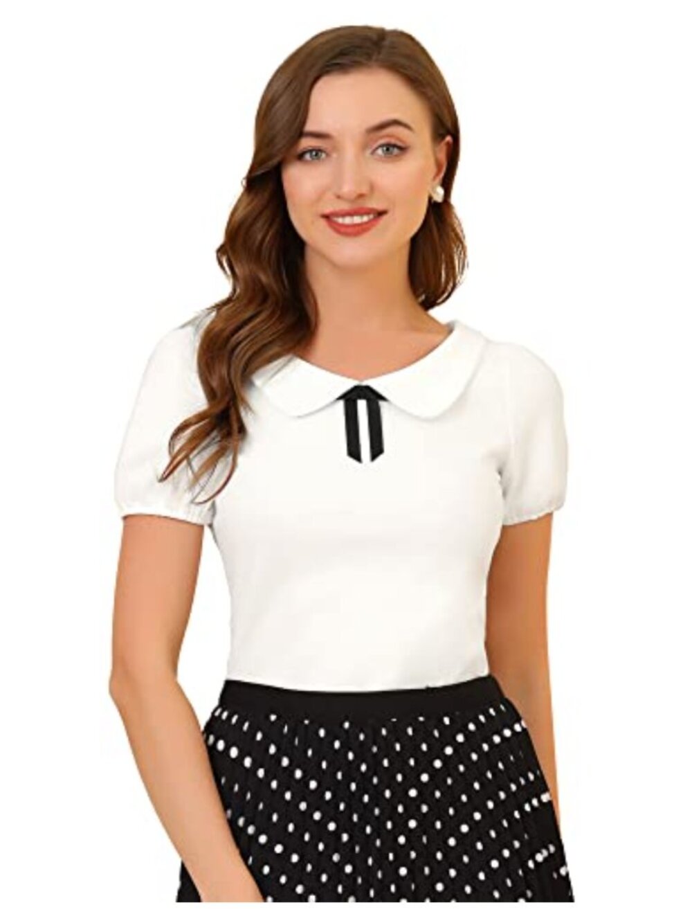 Vintage 1950s Peter Pan Collar Short Sleeve Blouse with Bow Neck